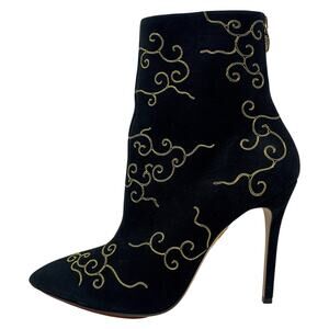 Charlotte Olympia Betsy Black Gold Embroidered Suede Stiletto Ankle Boot EU 42